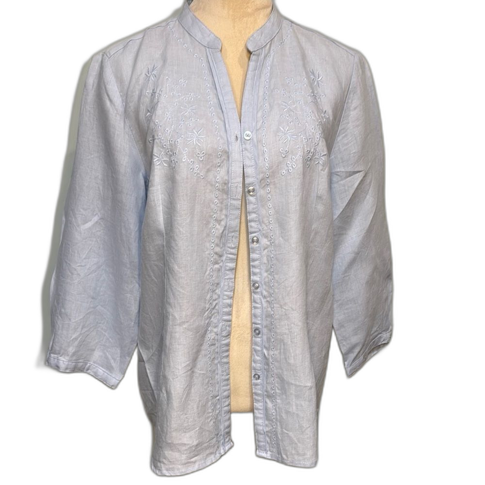 TWEEDS linen baby blue 3/4 sleeve embroidered top Size XL